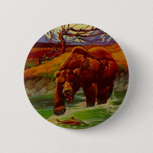 Badge Rond 5 Cm L'ours gris pêchant la faune soutient le cadeau d