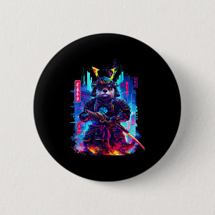 Badge Rond 5 Cm Loutre Katana Cyberpunk Néon Samouraï Art Japonais