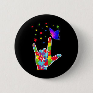 Badge Rond 5 Cm Love ASL Signal Langue Puzzle Papillon Autisme Awa