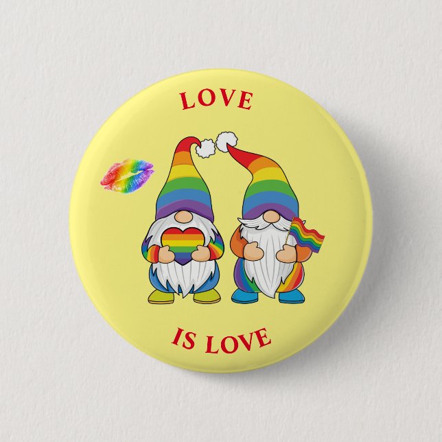 Badge Rond 5 Cm LOVE IS LOVE - Bouton Deux Gnomes Arc-en-ciel (Devant)