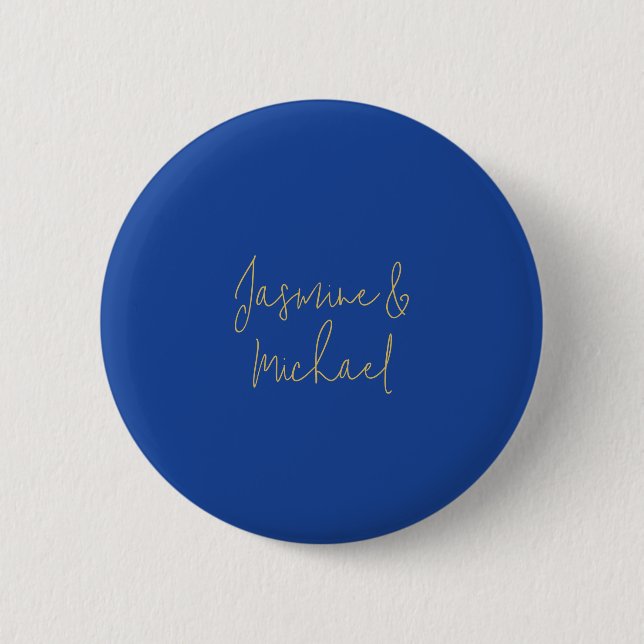 Badge Rond 5 Cm Lovely Chic Calligraphy Couple Names Blue & Gold (Devant)