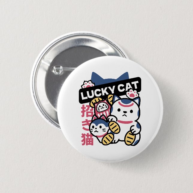 Badge Rond 5 Cm Lucky Cat Maneki Neko – Japanese Fortune Cat  (Devant & derrière)