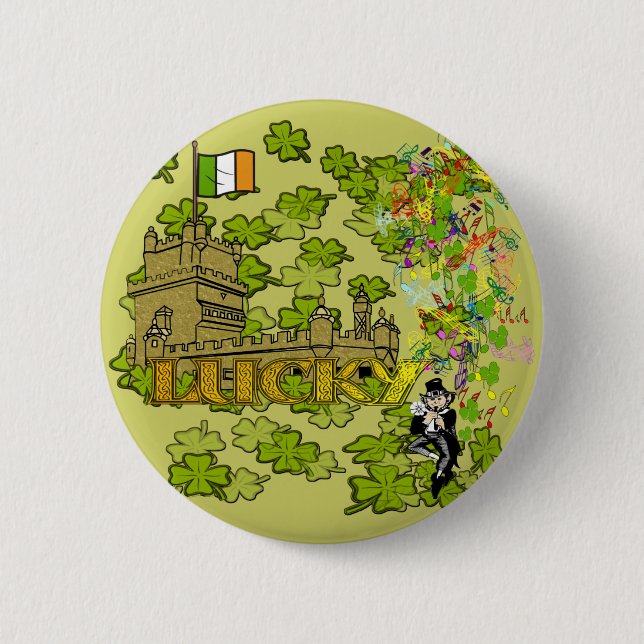 Badge Rond 5 Cm Lucky Leprechaun et son château irlandais (Devant)