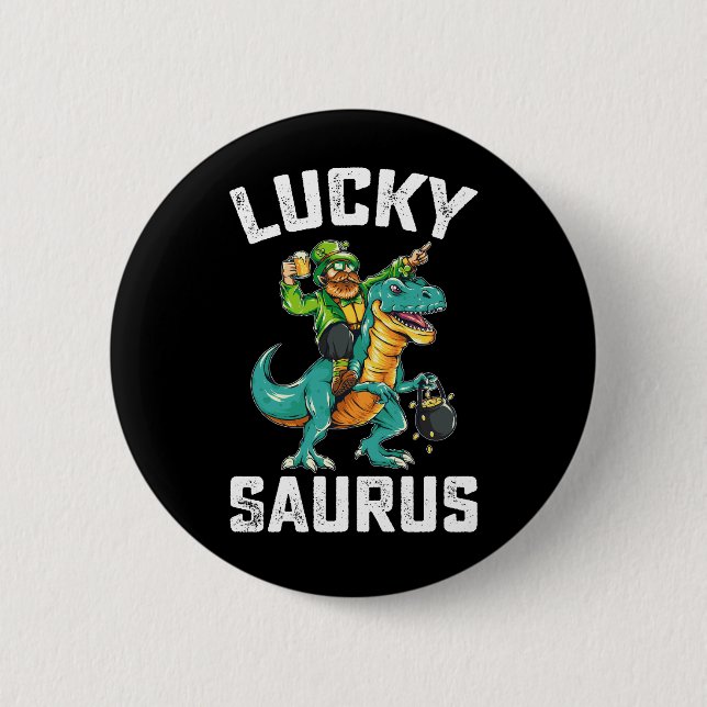 Badge Rond 5 Cm Lucky Saurus Dinosaure T Rex Saint-Patrick (Devant)