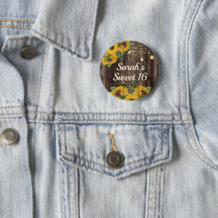 Badge Rond 5 Cm Lumières de Chaîne de Tournesols en Bois Rustique