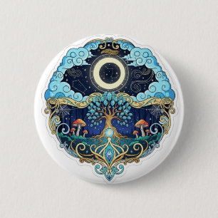 Badge Rond 5 Cm Lune et arbre de vie Art de fantaisie nocturne
