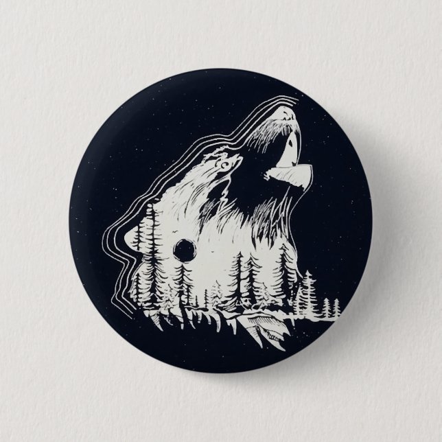Badge Rond 5 Cm Lune Forêt de pins d'hiver Wolf (Devant)
