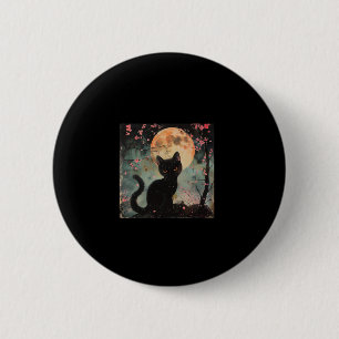 Badge Rond 5 Cm Lune rouge mystique avec chat noir et Sakura