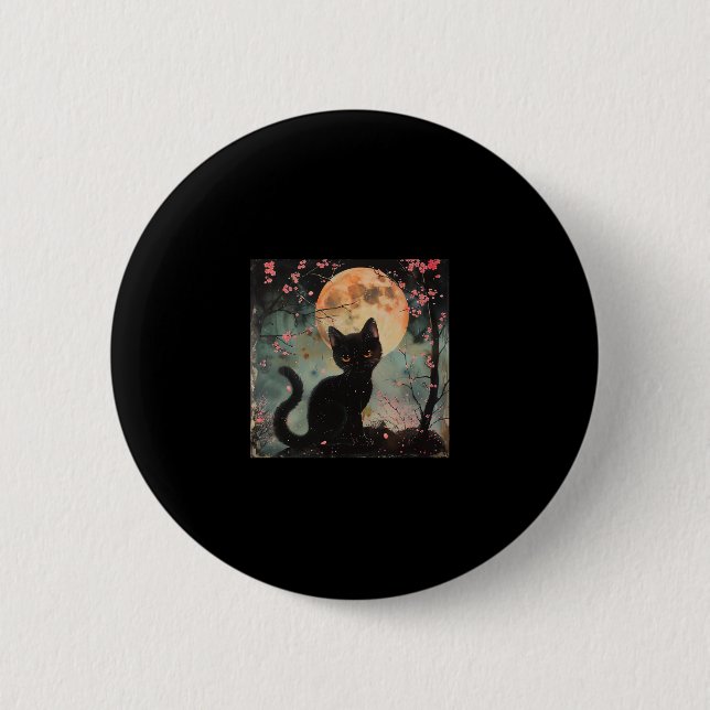 Badge Rond 5 Cm Lune rouge mystique avec chat noir et Sakura (Devant)