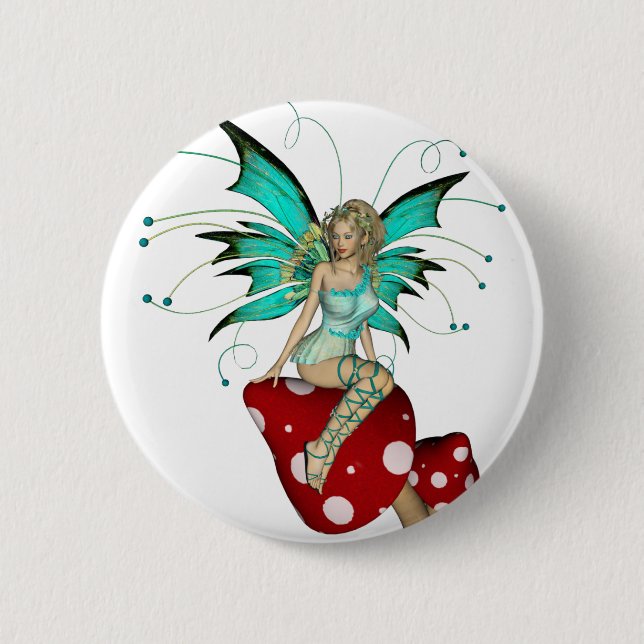 Badge Rond 5 Cm Lutin turquoise et champignons 3D (Devant)