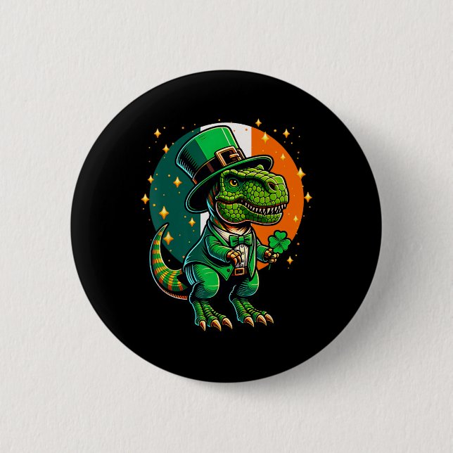 Badge Rond 5 Cm Lutins Dinosaure T-rex St Patrick Irlandais Ir (Devant)