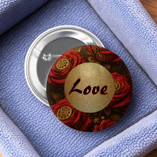 Badge Rond 5 Cm Luxury Steampunk Roses Romantic Gold Gears (Créateur téléchargé)