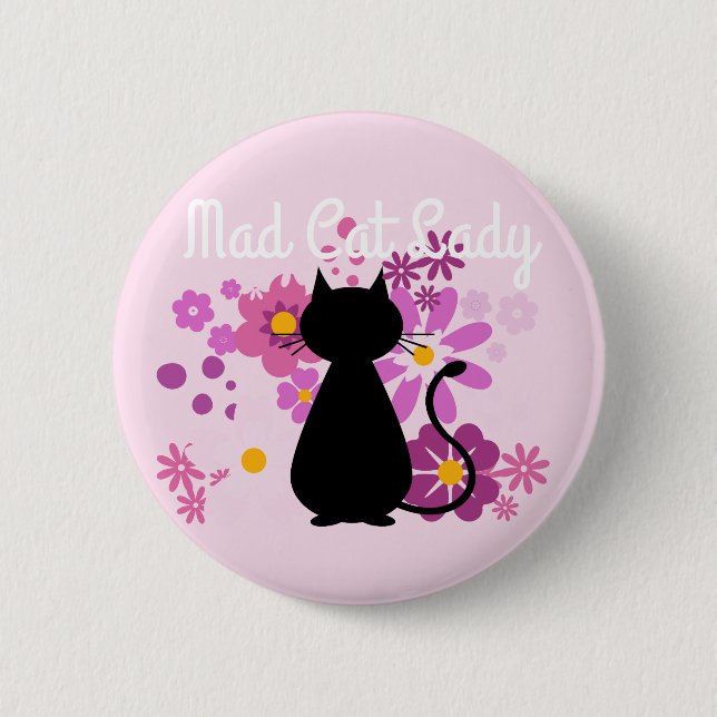 Badge Rond 5 Cm "Madame folle de chat" chat dans l'insigne rose de (Devant)