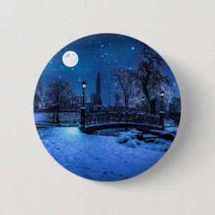 Badge Rond 5 Cm Magique nuit d'hiver avec ciel étoilé et pleine lu