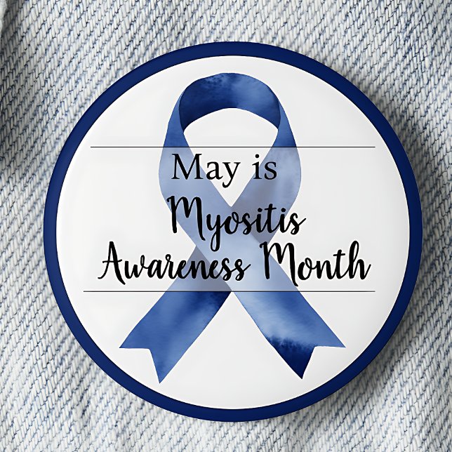 Badge Rond 5 Cm Mai Mois de sensibilisation à la myosite (Blue awareness ribbon. May is Myositis Awareness Month pinback button.)