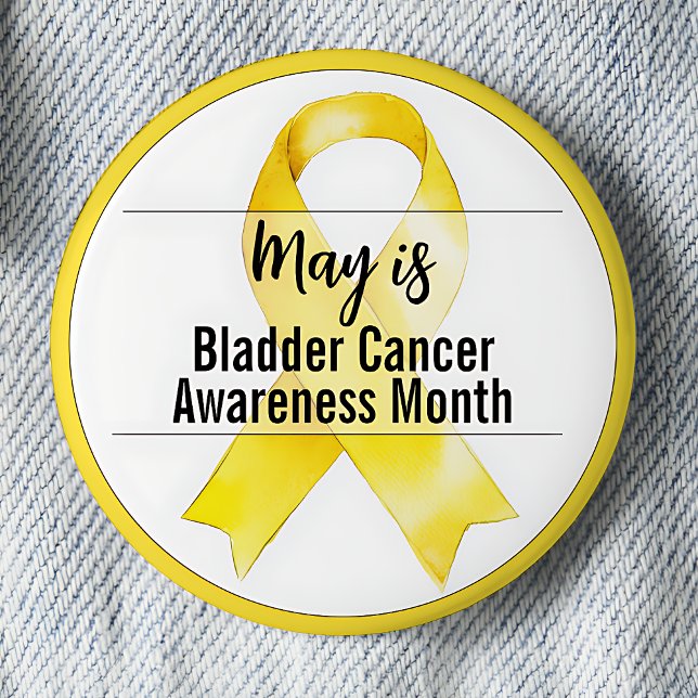 Badge Rond 5 Cm Mai Mois de sensibilisation au cancer de la vessie (May is Bladder Cancer Awareness Month pinback button.  Yellow awareness ribbon.)