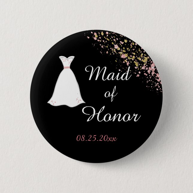 Badge Rond 5 Cm Maid d'honneur noir et or (Devant)