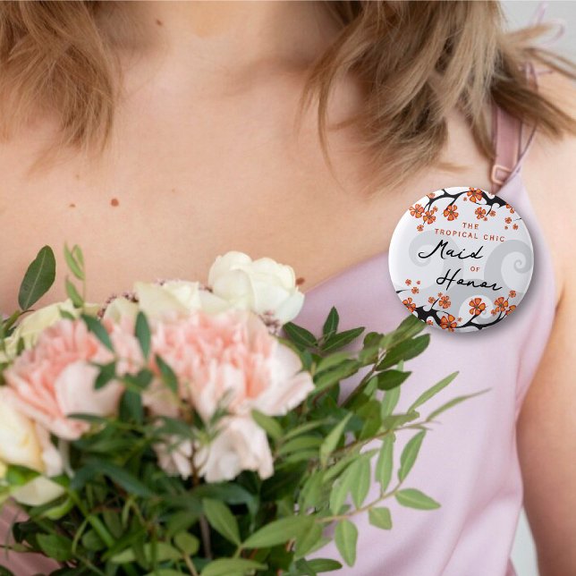 Badge Rond 5 Cm MAID OF HONOR Tropical Flowrls Mariage chic (MAID OF HONOR Hibiscus Fusion / Tropical Flowers Swirls Chic Wedding Pinback Button @ fat_fa_tin)