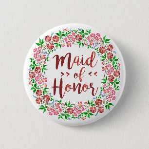 Badge Rond 5 Cm Maid of Honor Wedding Floral Watercolor Pink
