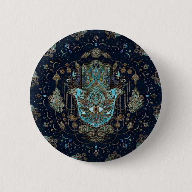 Badge Rond 5 Cm Main de Hamsa - Main de Fatima Pierres Bleues (Devant)
