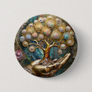Badge Rond 5 Cm Main de robot doré tenant l'arbre de vie doré