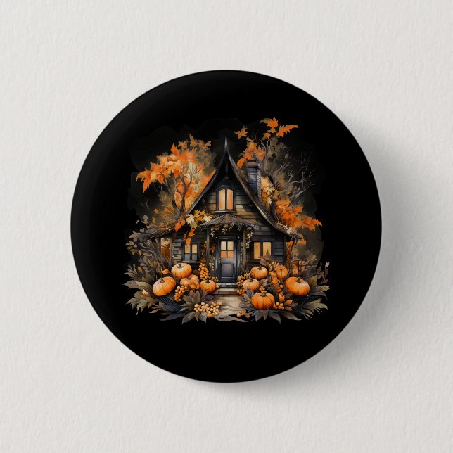Badge Rond 5 Cm Maison hantée avec Halloween Citrouille (Devant)