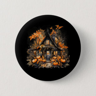 Badge Rond 5 Cm Maison hantée avec Halloween Citrouille