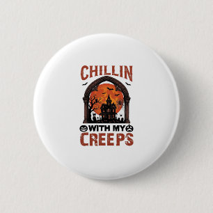Badge Rond 5 Cm Maison hantée Halloween Chillin Creeps Lune Orange