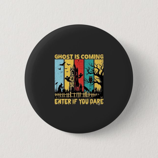 Badge Rond 5 Cm Maison Hantée Halloween Sorcière Chouette Arrivée  (Devant)