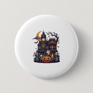 Badge Rond 5 Cm Maison Hantée Halloween Squelettes Citrouille Fant