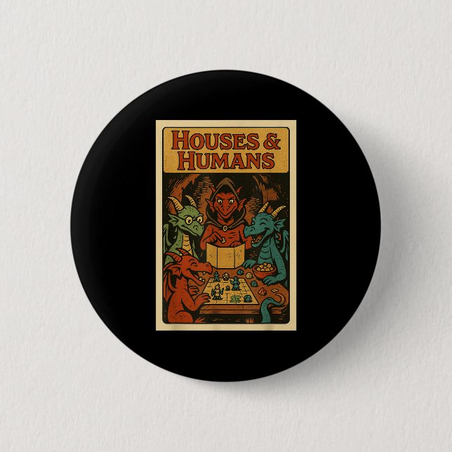Badge Rond 5 Cm Maisons Et Humains Drôle Rpg Gamer Jeu Nerd Hommes (Devant)