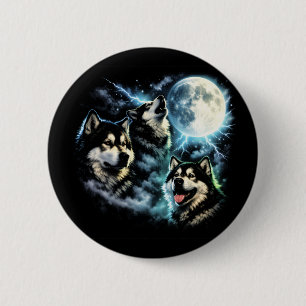 Badge Rond 5 Cm Malamute d'Alaska hurlant à la Lune Chien Arctique