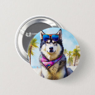 Badge Rond 5 Cm Malamute d'Alaska sur la plage, cadeau d'été