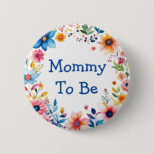 Badge Rond 5 Cm Maman à être floral rose et Baby shower bleu (Devant)