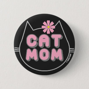 Badge Rond 5 Cm MAMAN CHAT avec bouton fleur rose