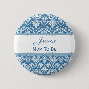 Badge Rond 5 Cm Maman de baby shower à être BLEU de la damassé 