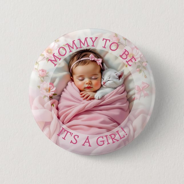 Badge Rond 5 Cm Maman doit être | C'est un Baby shower de fille (Devant)