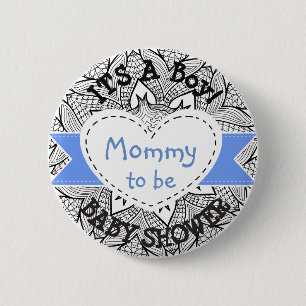 Badge Rond 5 Cm Maman rayée bleue de bouton de baby shower à être