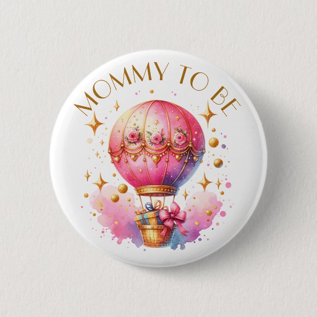 Badge Rond 5 Cm Maman sera Pink Gold Hot Air Ballos Baby shower (Devant)