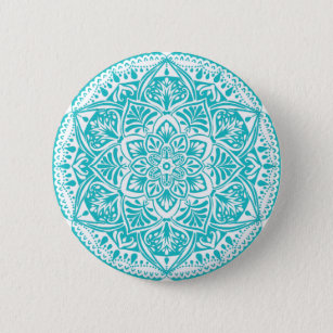 Badge Rond 5 Cm Mandala turquoise et blanc - Loergann en Turquoise