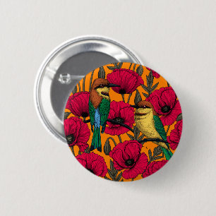 Badge Rond 5 Cm Mangeurs d'abeilles et pavots sur orange