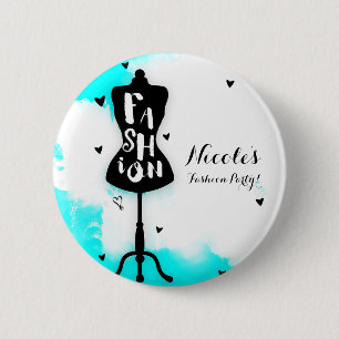 Badge Rond 5 Cm Mannequin Stand MODE Aqua & Blanc avec Coeurs