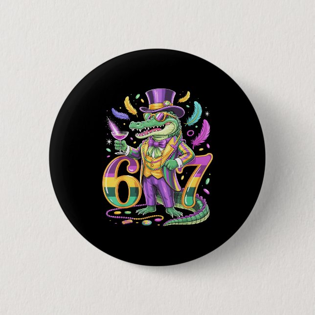 Badge Rond 5 Cm Mardi Gras Alligator Gentleman Numéro de queue 67  (Devant)