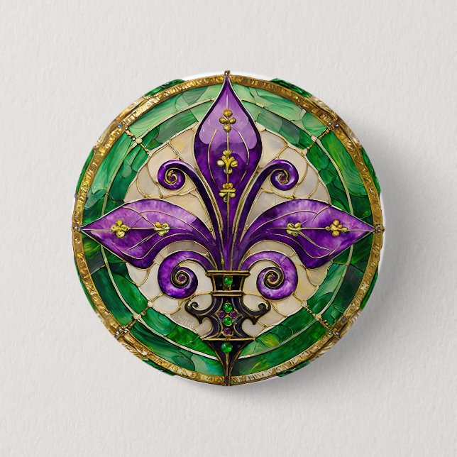 Badge Rond 5 Cm Mardi Gras Vitrail Fleur de lis (Devant)
