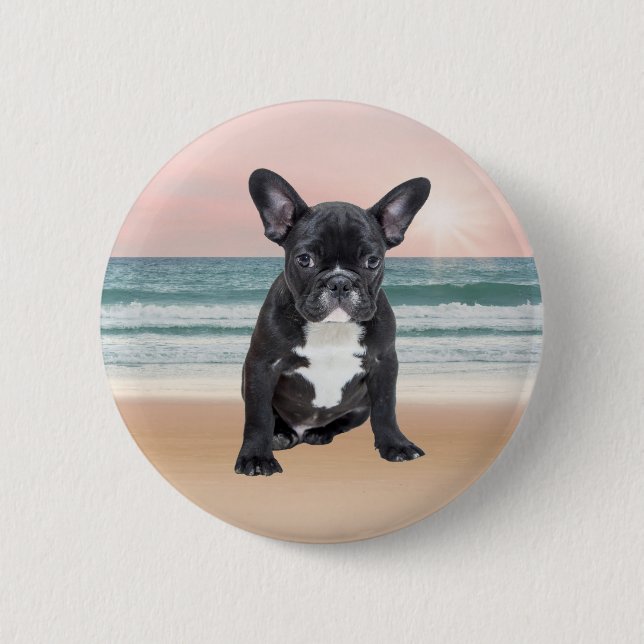 Badge Rond 5 Cm Mare French Bulldog Beach Eau Soleil (Devant)