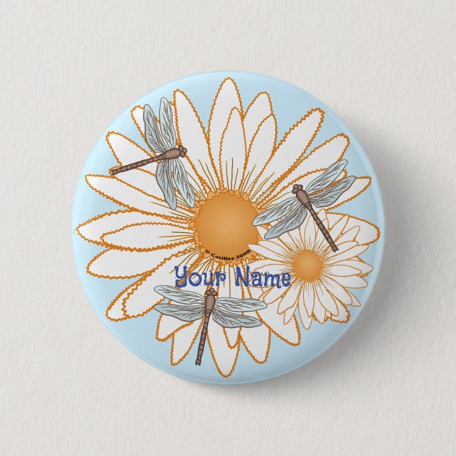 Badge Rond 5 Cm Marguerite blanche Libellule (Devant)