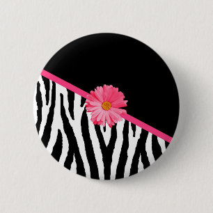 Badge Rond 5 Cm Marguerite rose Girly de motif de zèbre