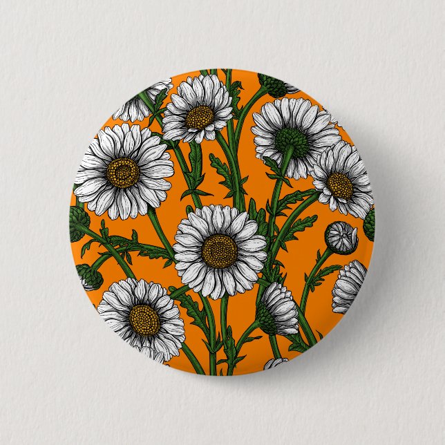 Badge Rond 5 Cm Marguerites sur orange (Devant)
