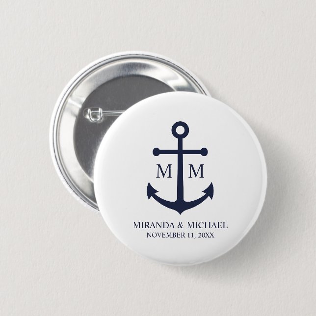 Badge Rond 5 Cm Mariage Ancre bleu marine (Devant & derrière)
