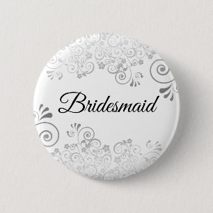 Badge Rond 5 Cm Mariage Bridesmaid Silver Ornate Curly Filigree